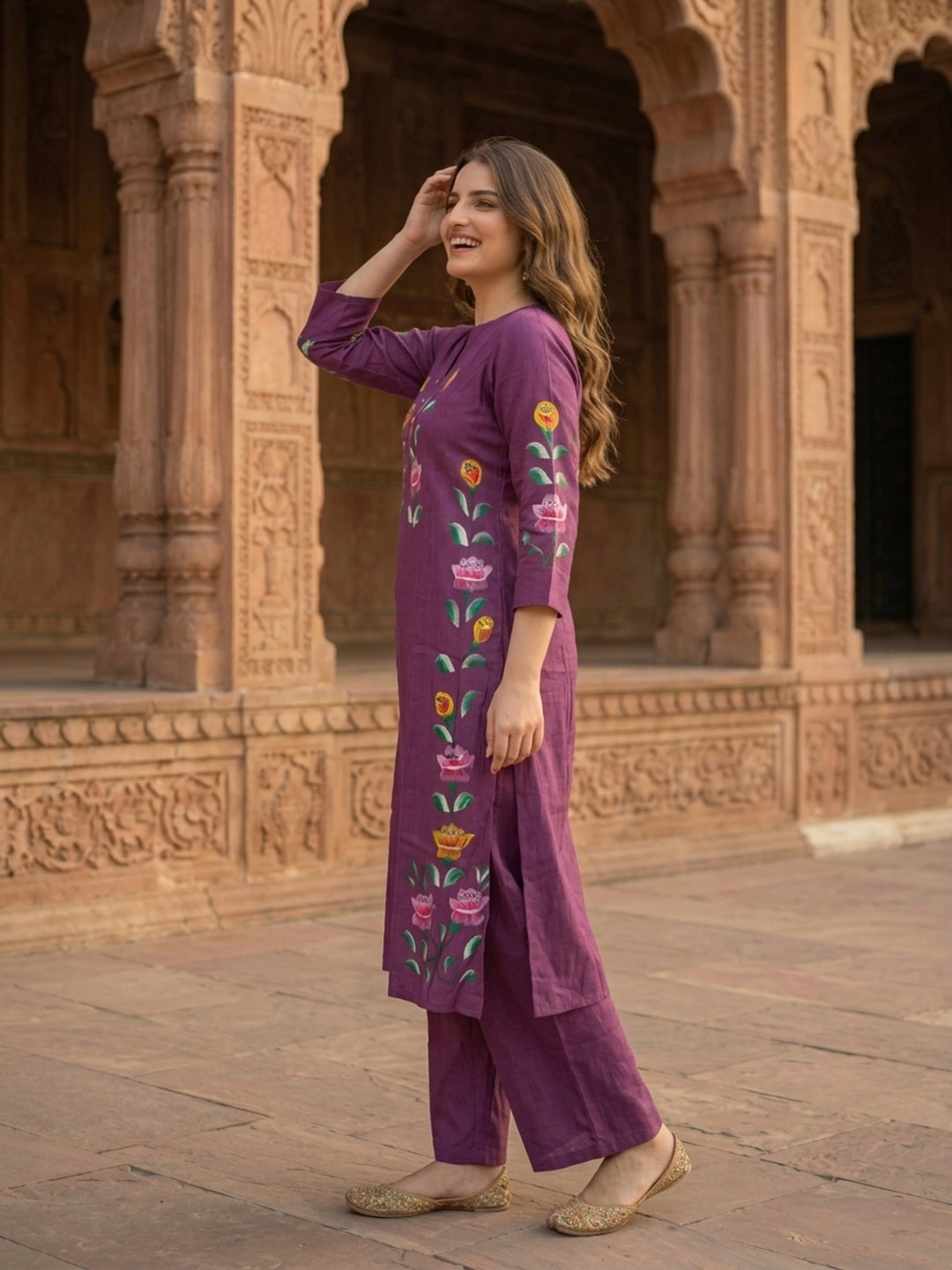 Purple Hand-Painted Floral Muslin Silk Kurta Set with Palazzo