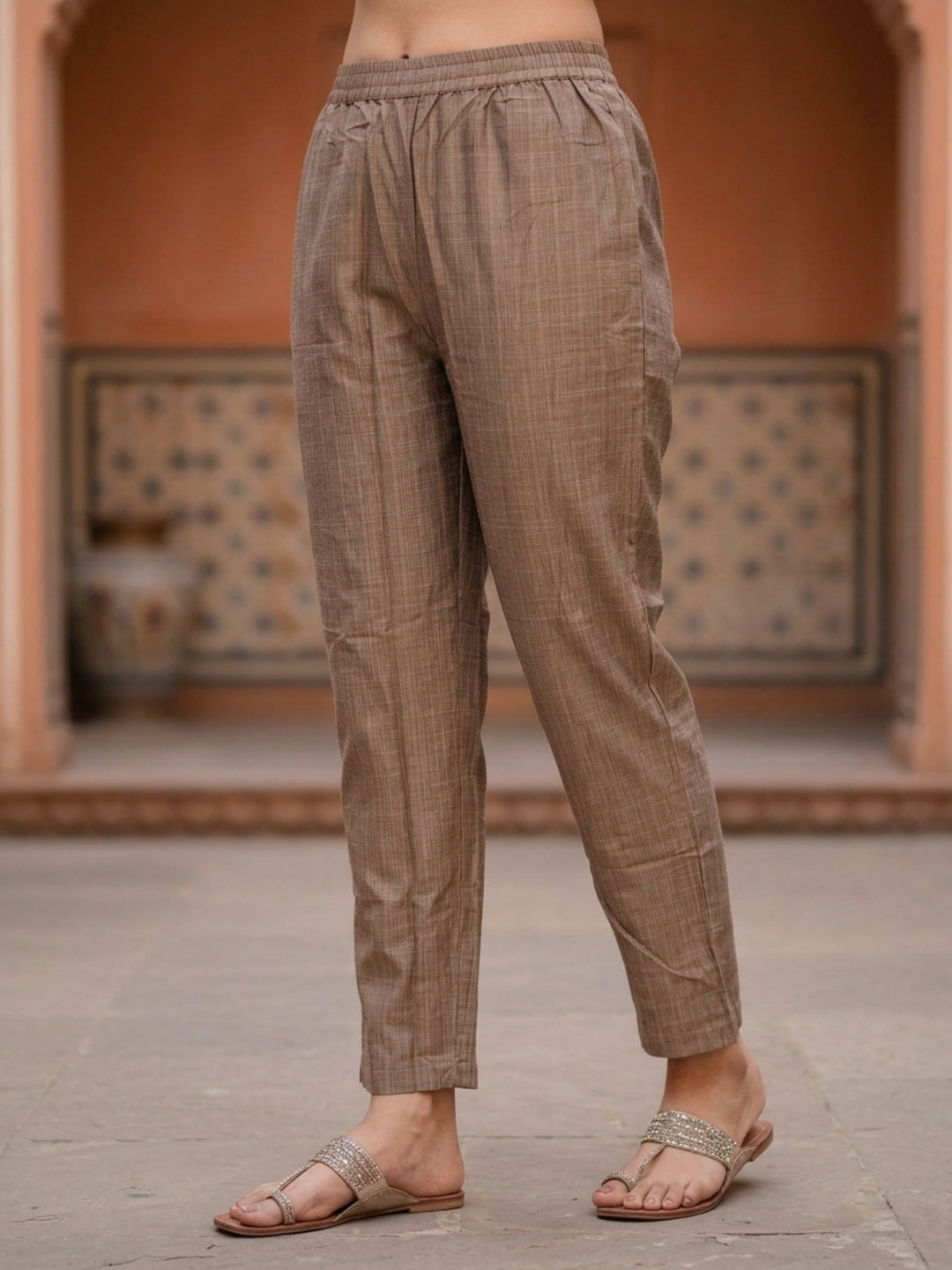 Taupe Silk Blend Kurta Set with Oxidised Trim & Palazzo
