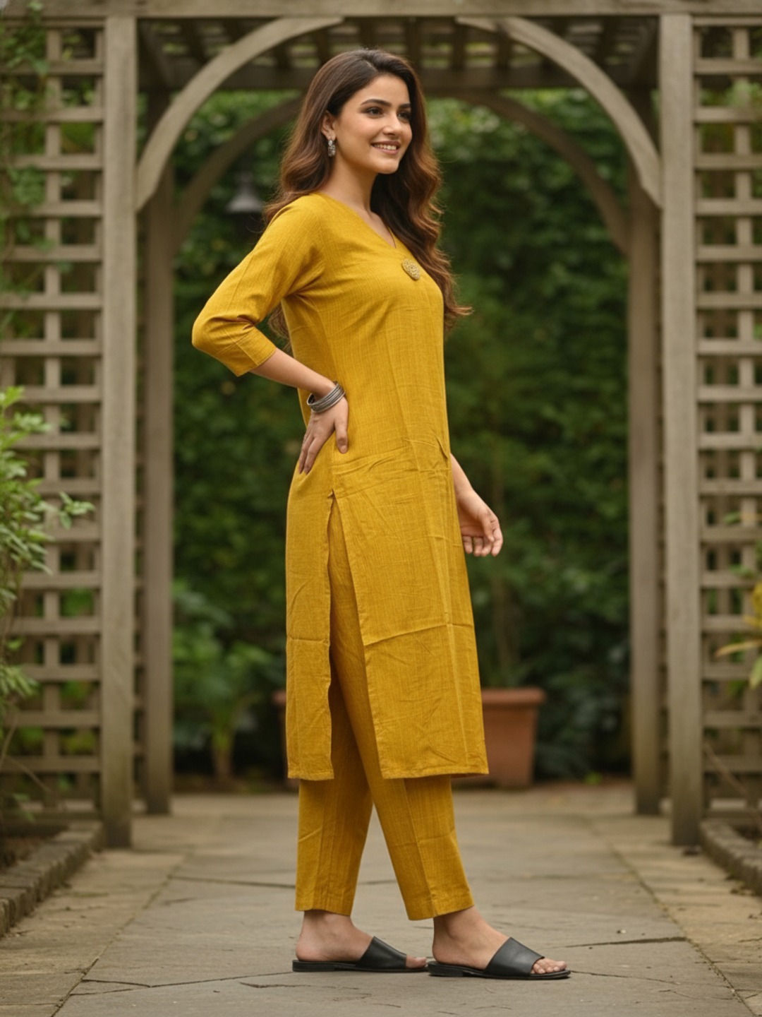 Mustard Yellow Silk Blend Kurta Set with Oxidised Trim & Palazzo