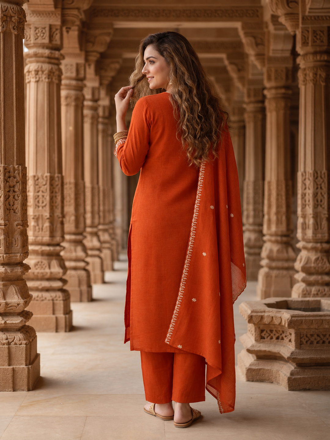 Rust Silk Kurta Set with Floral Zari Patchwork & Sequins, Palazzo & Dupatta