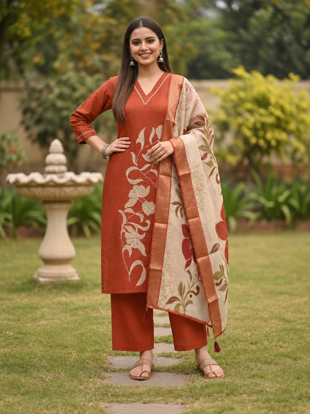 Rust Orange Tissue Kurta Set with Floral Embroidery, Palazzo & Tassel Dupatta