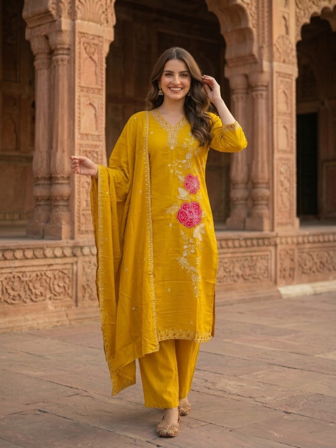 Yellow Silk Kurta Set with Floral Zari Patchwork & Sequins, Palazzo & Dupatta