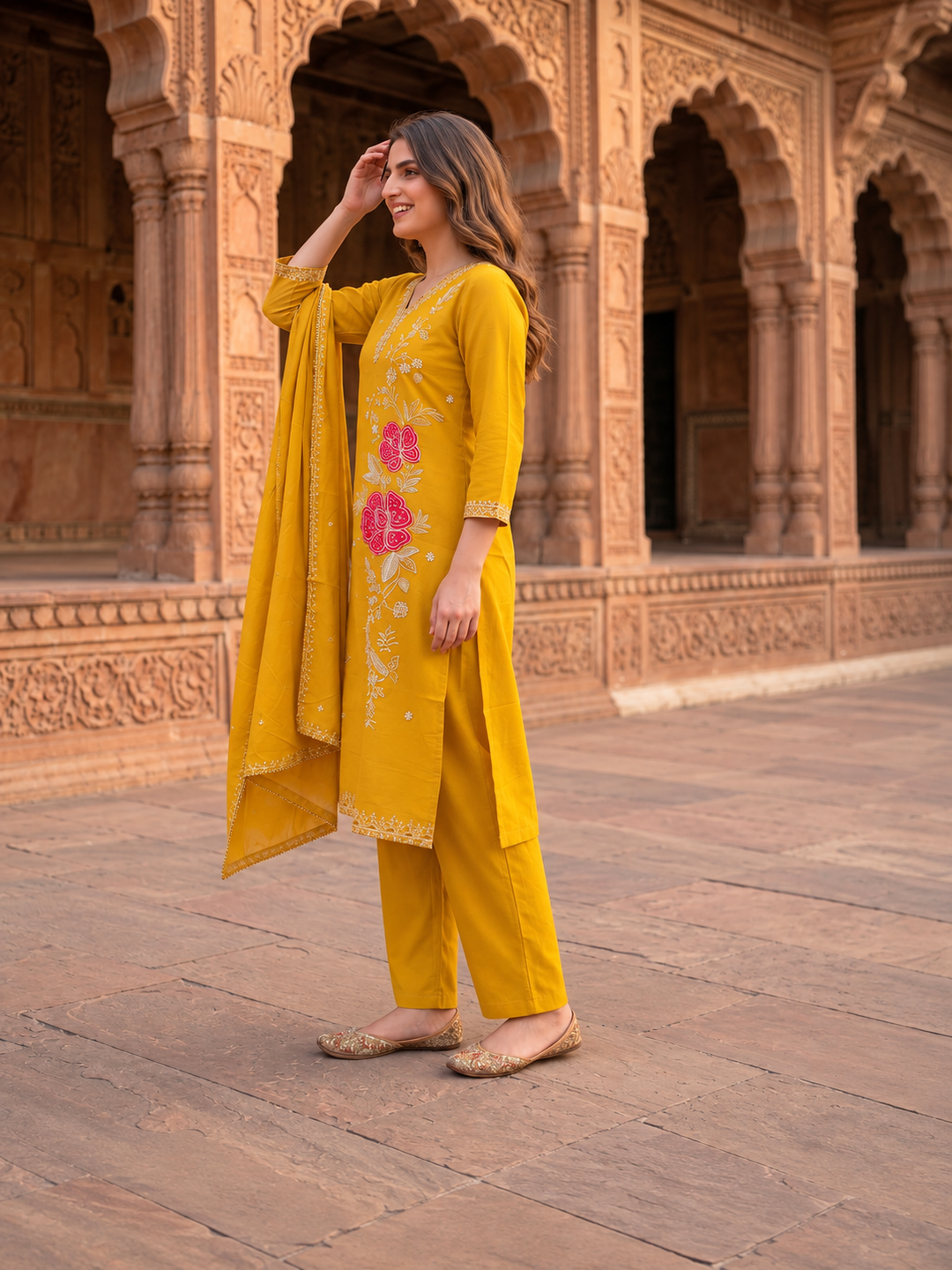 Yellow Silk Kurta Set with Floral Zari Patchwork & Sequins, Palazzo & Dupatta