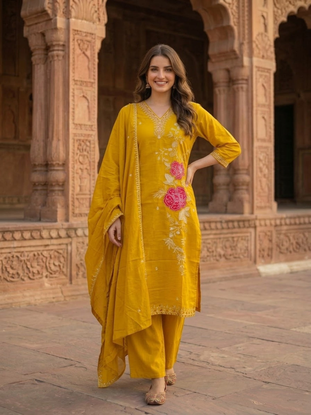 Yellow Silk Kurta Set with Floral Zari Patchwork & Sequins, Palazzo & Dupatta