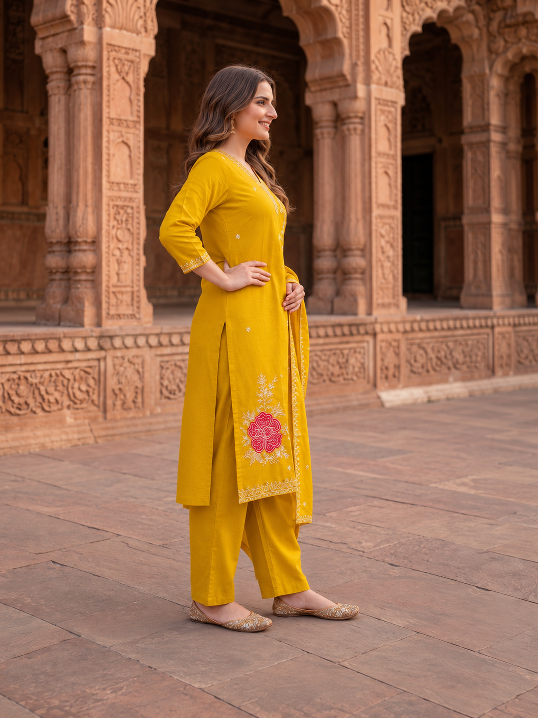 Yellow Silk Kurta Set with Floral Zari Patchwork & Sequins, Palazzo & Dupatta