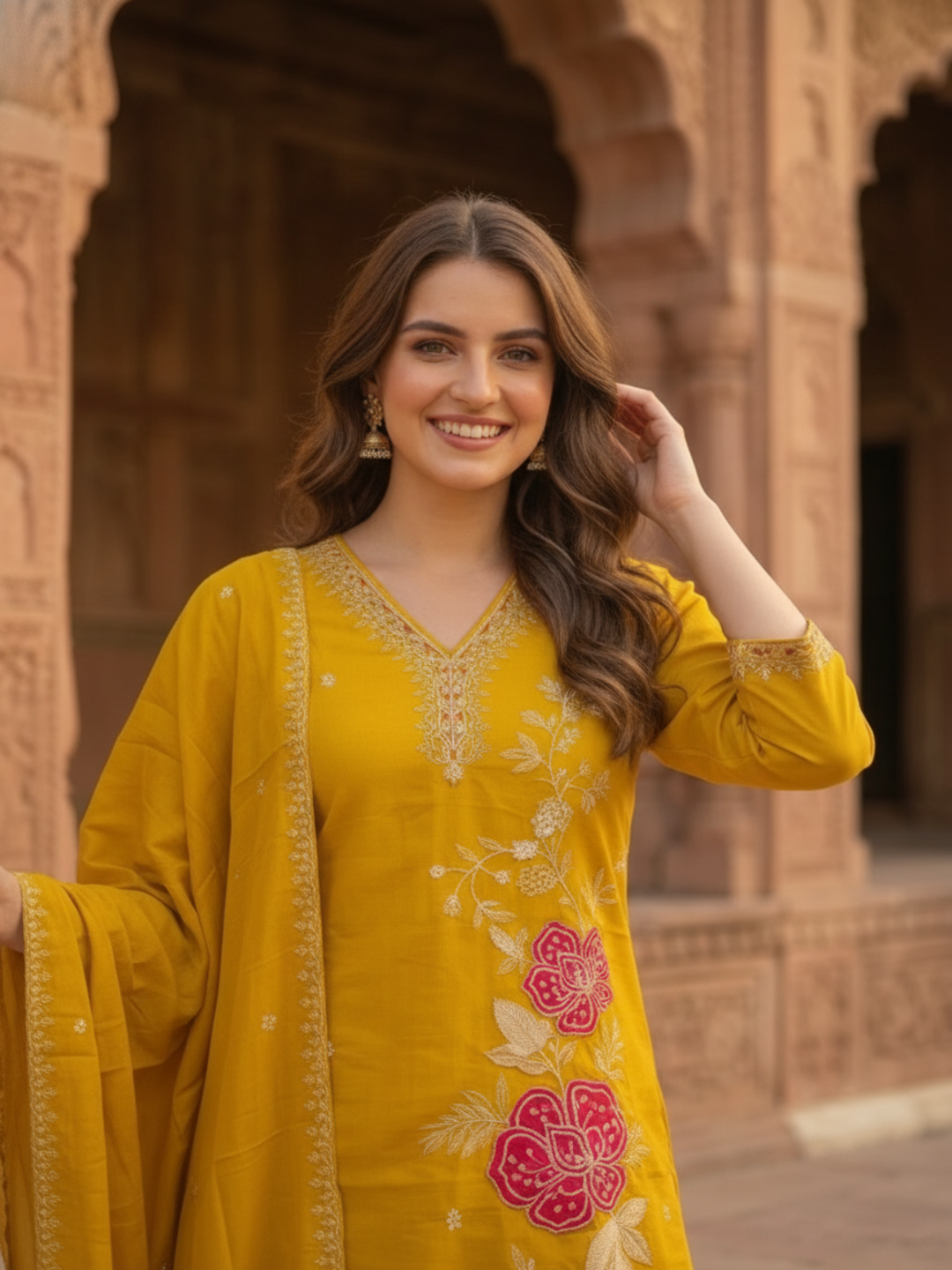 Yellow Silk Kurta Set with Floral Zari Patchwork & Sequins, Palazzo & Dupatta