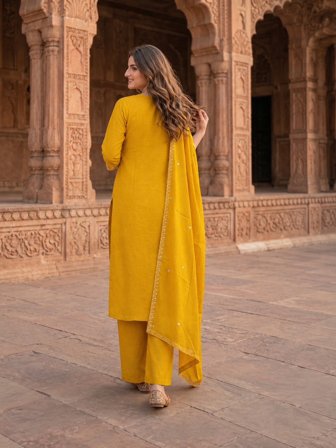 Yellow Silk Kurta Set with Floral Zari Patchwork & Sequins, Palazzo & Dupatta