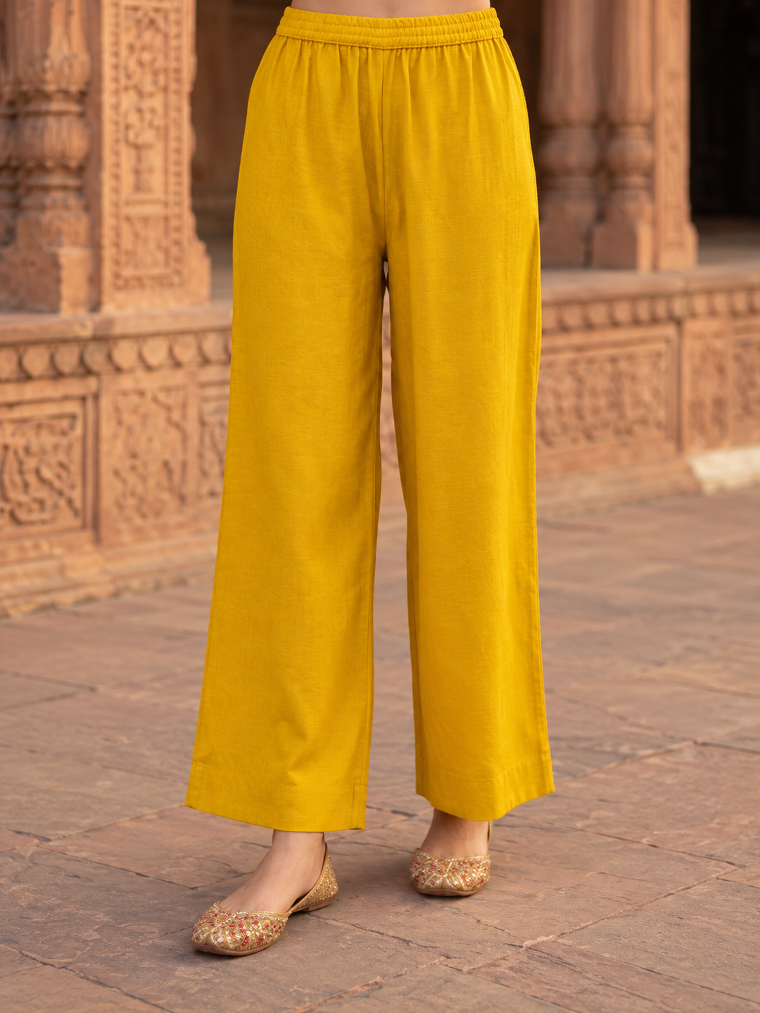 Yellow Silk Kurta Set with Floral Zari Patchwork & Sequins, Palazzo & Dupatta