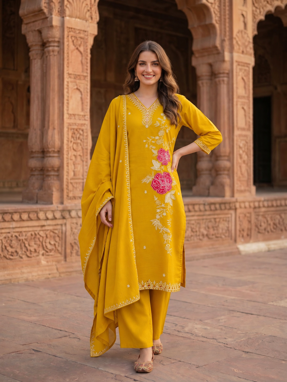 Yellow Silk Kurta Set with Floral Zari Patchwork & Sequins, Palazzo & Dupatta