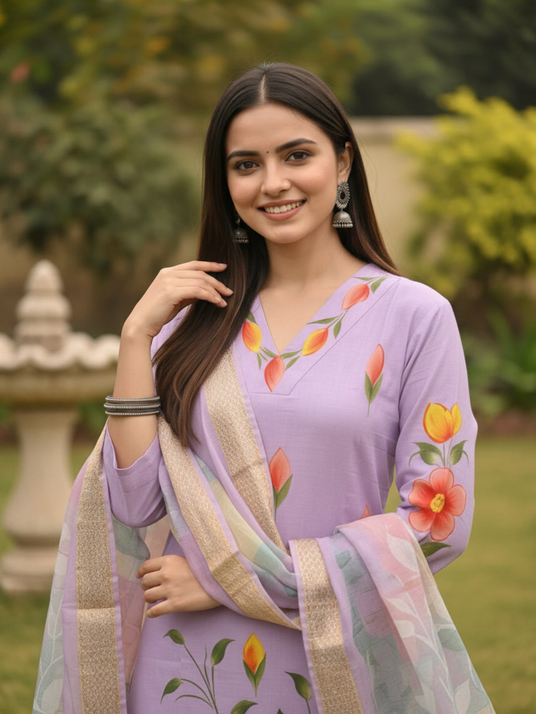 Lavender Hand-Painted Floral Muslin Silk Kurta Set with Palazzo & Printed Dupatta