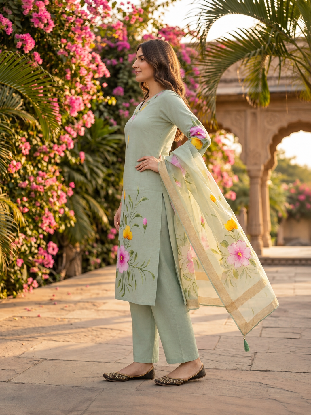 Sage Green Hand-Painted Floral Muslin Silk Kurta Set with Palazzo & Printed Dupatta