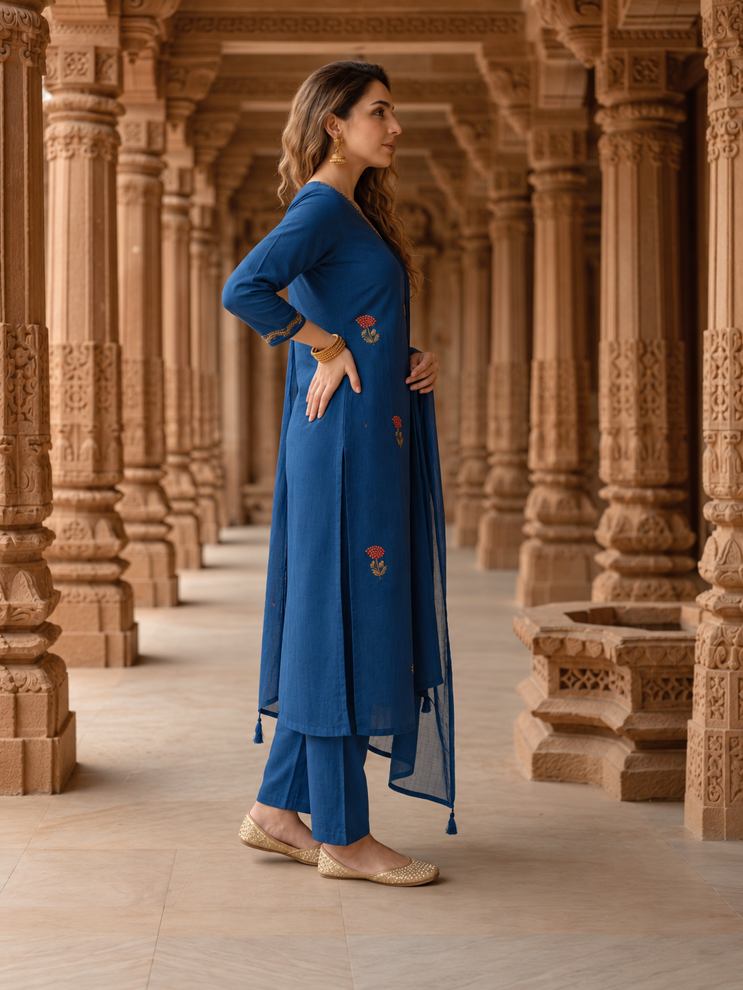 Royal Blue Cotton Kurta Set with Floral Embroidery, Pant & Dupatta