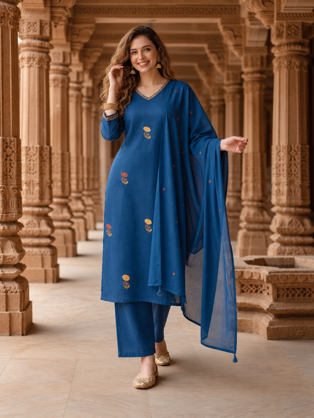 Royal Blue Cotton Kurta Set with Floral Embroidery, Pant & Dupatta