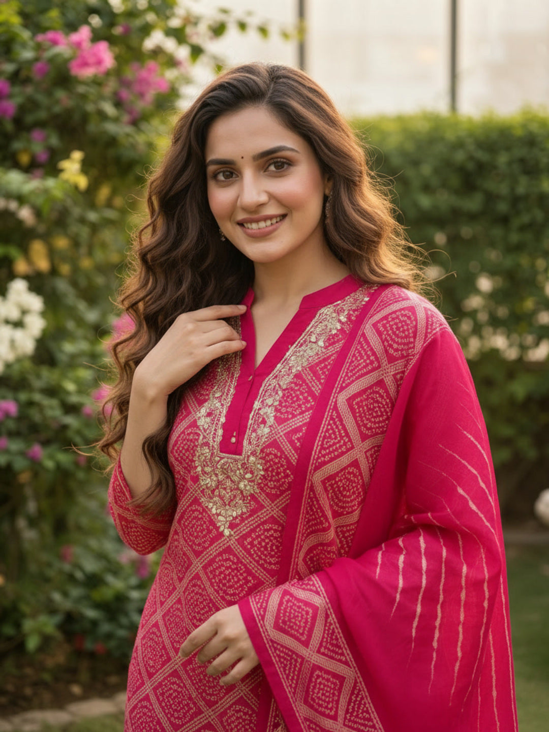 Rani Pink Bandhani Muslin Silk Kurta Set with Hand Embroidery, Pant & Dupatta