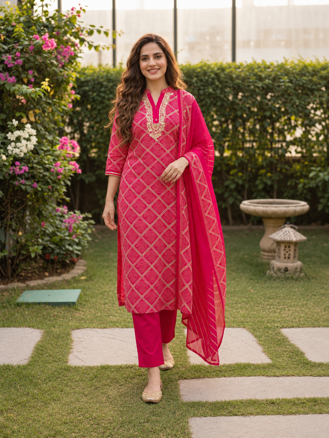 Rani Pink Bandhani Muslin Silk Kurta Set with Hand Embroidery, Pant & Dupatta
