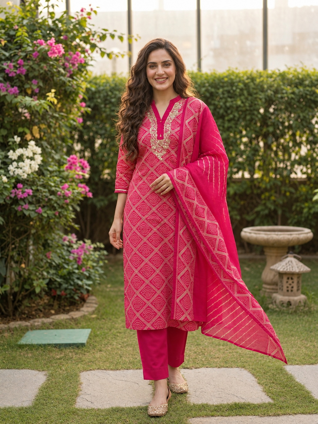 Rani Pink Bandhani Muslin Silk Kurta Set with Hand Embroidery, Pant & Dupatta