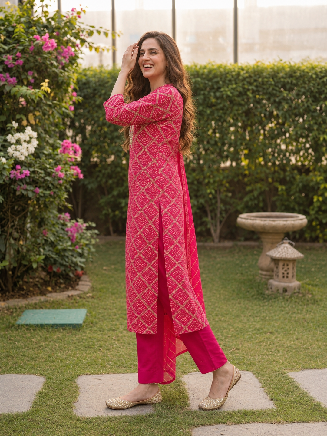 Rani Pink Bandhani Muslin Silk Kurta Set with Hand Embroidery, Pant & Dupatta