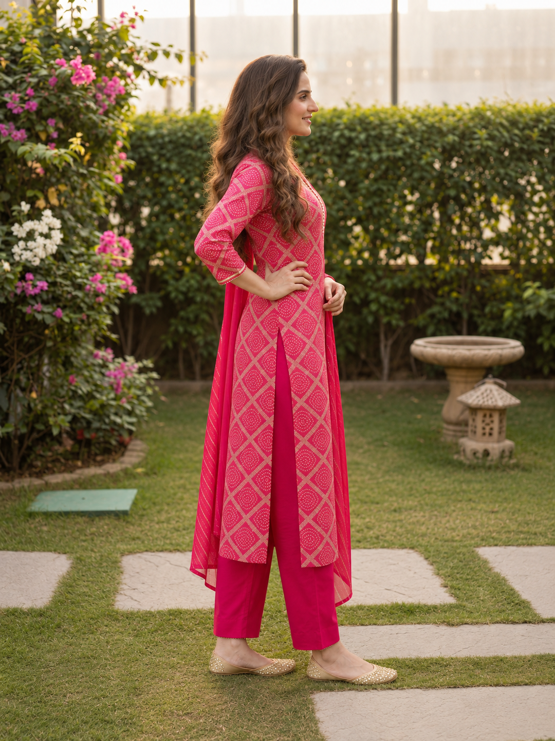 Rani Pink Bandhani Muslin Silk Kurta Set with Hand Embroidery, Pant & Dupatta