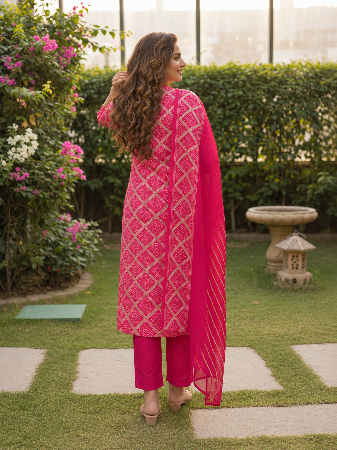 Rani Pink Bandhani Muslin Silk Kurta Set with Hand Embroidery, Pant & Dupatta