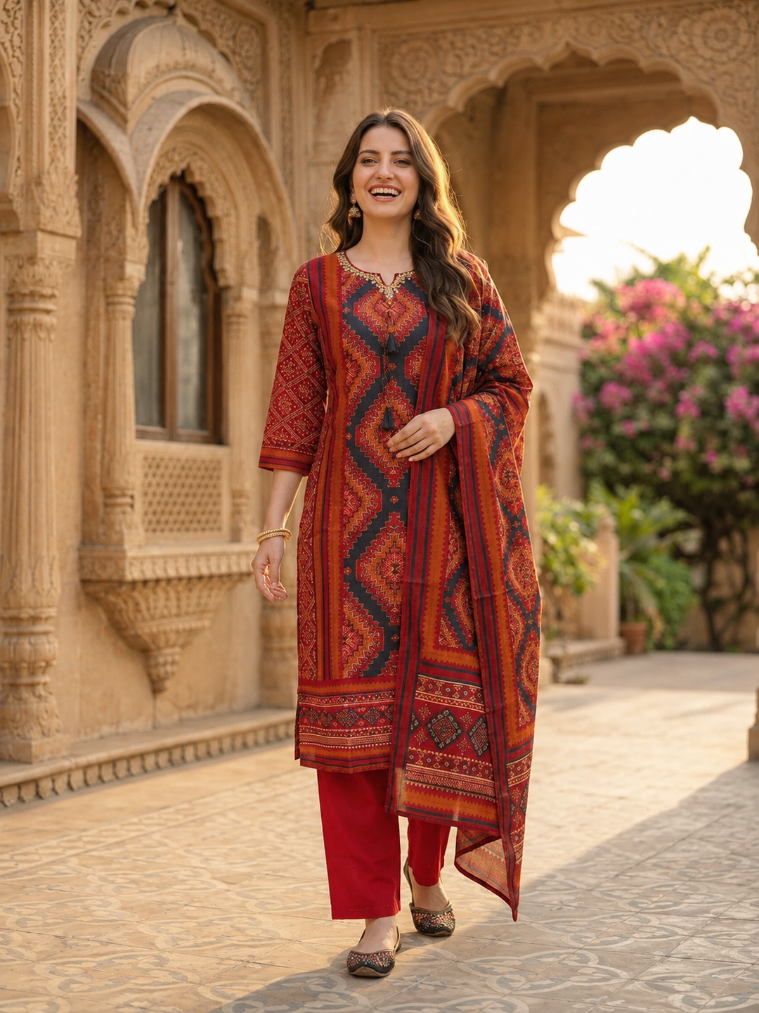 Multicolour Floral Shantoon Kurta Set with Embroidery, Rust Trousers & Printed Dupatta