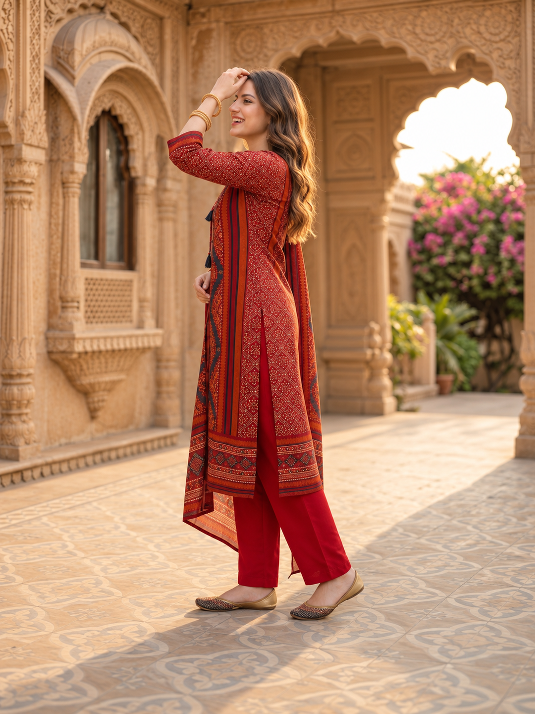 Multicolour Floral Shantoon Kurta Set with Embroidery, Rust Trousers & Printed Dupatta