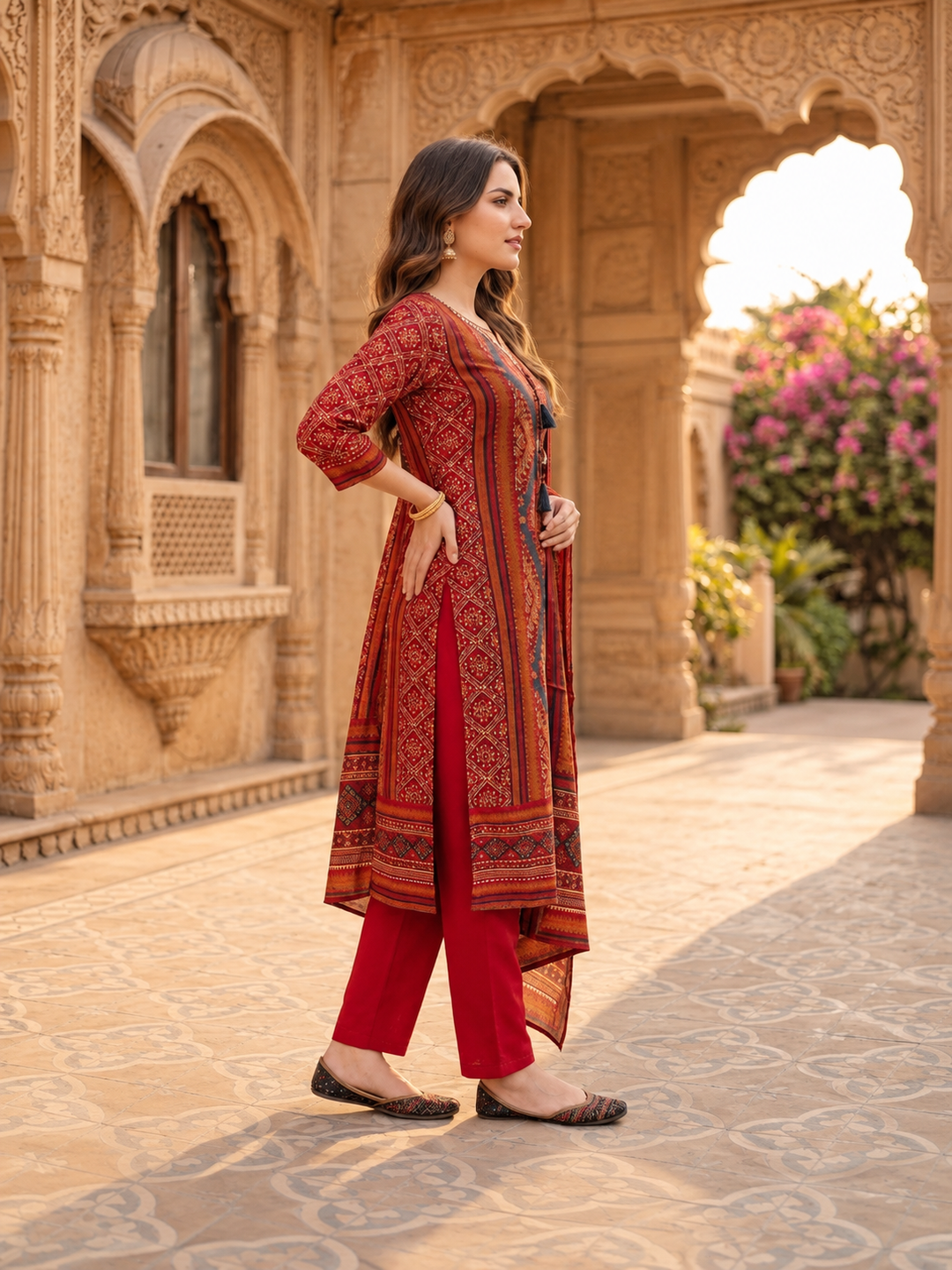 Multicolour Floral Shantoon Kurta Set with Embroidery, Rust Trousers & Printed Dupatta