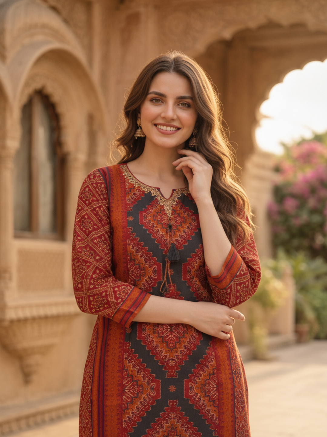 Multicolour Floral Shantoon Kurta Set with Embroidery, Rust Trousers & Printed Dupatta