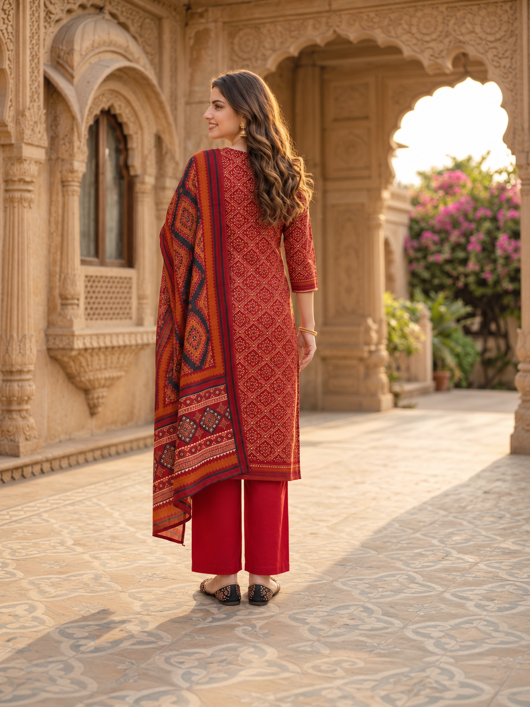 Multicolour Floral Shantoon Kurta Set with Embroidery, Rust Trousers & Printed Dupatta