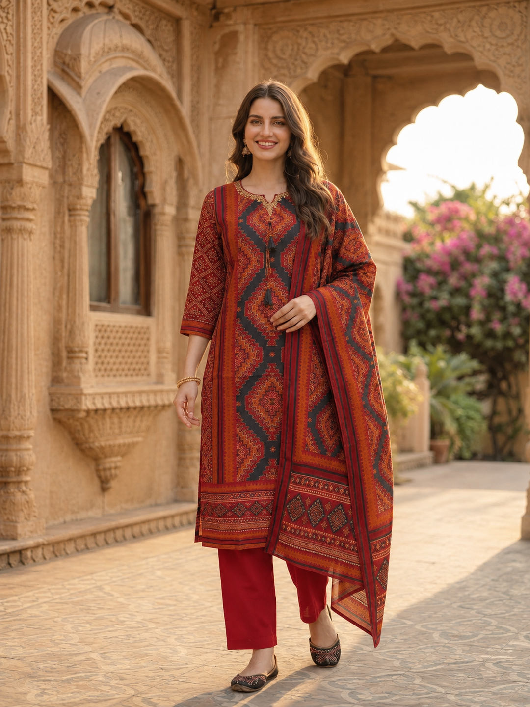 Multicolour Floral Shantoon Kurta Set with Embroidery, Rust Trousers & Printed Dupatta