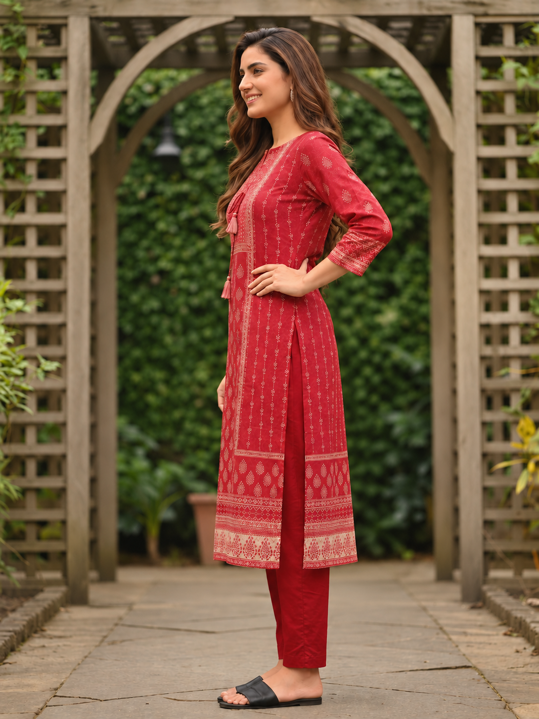 Brick Red Printed Cotton Kurta Set with Embroidery, Skirt & Dupatta
