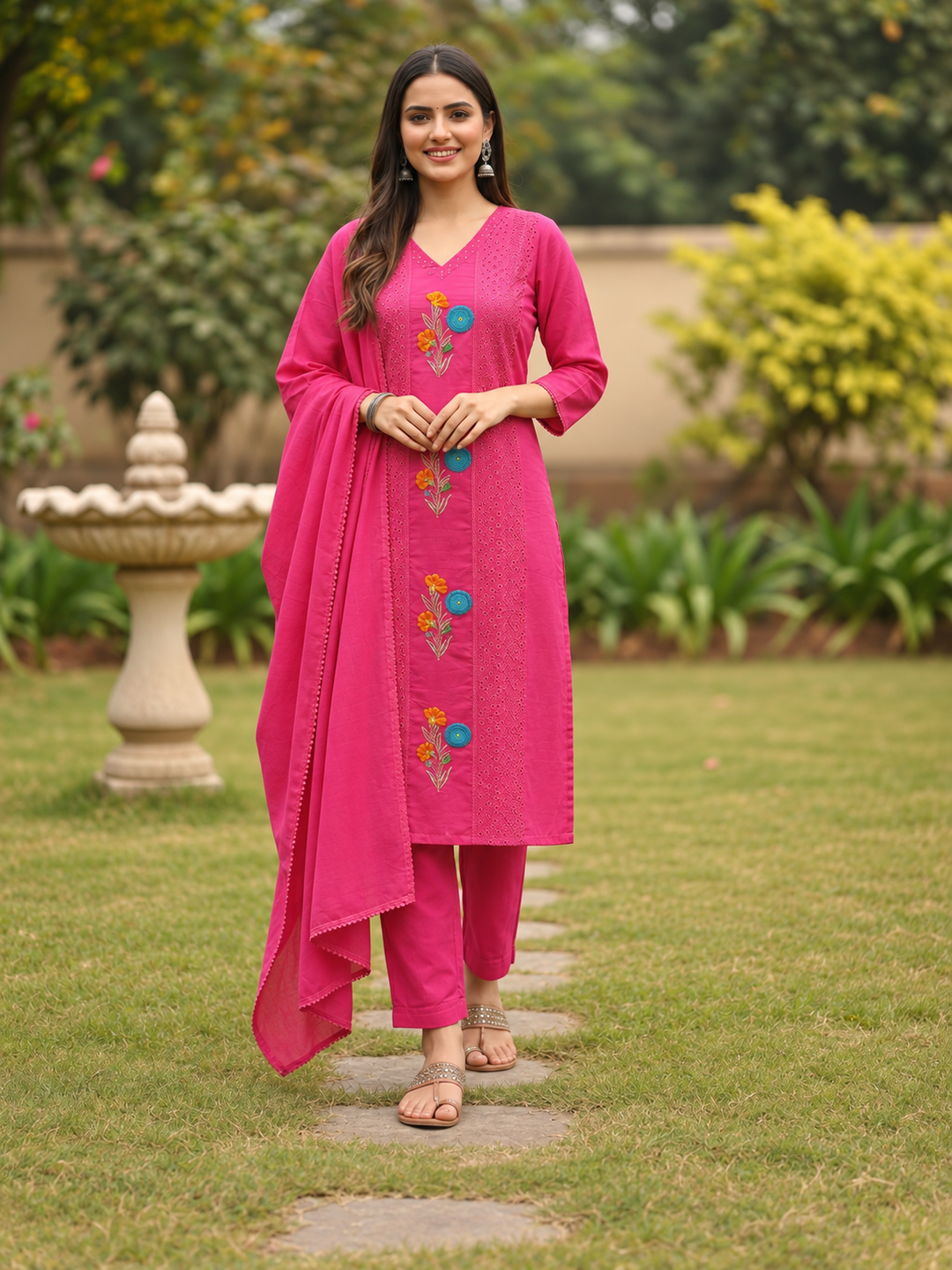 Magenta Cotton Kurta Set with Schiffli Floral Embroidery, Pant & Dupatta
