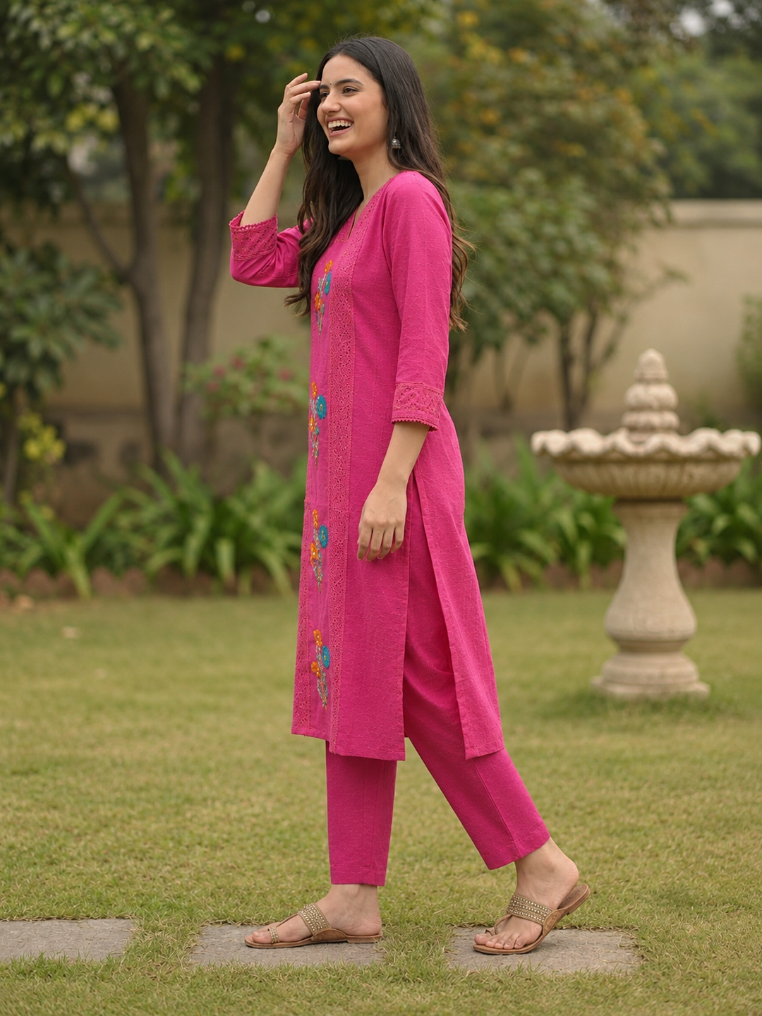 Magenta Cotton Kurta Set with Schiffli Floral Embroidery, Pant & Dupatta