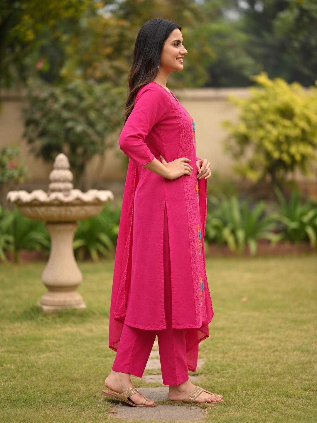 Magenta Cotton Kurta Set with Schiffli Floral Embroidery, Pant & Dupatta