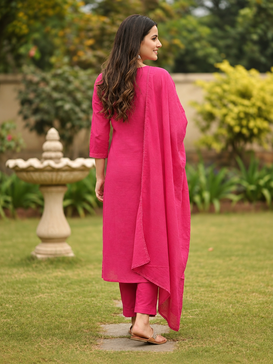 Magenta Cotton Kurta Set with Schiffli Floral Embroidery, Pant & Dupatta