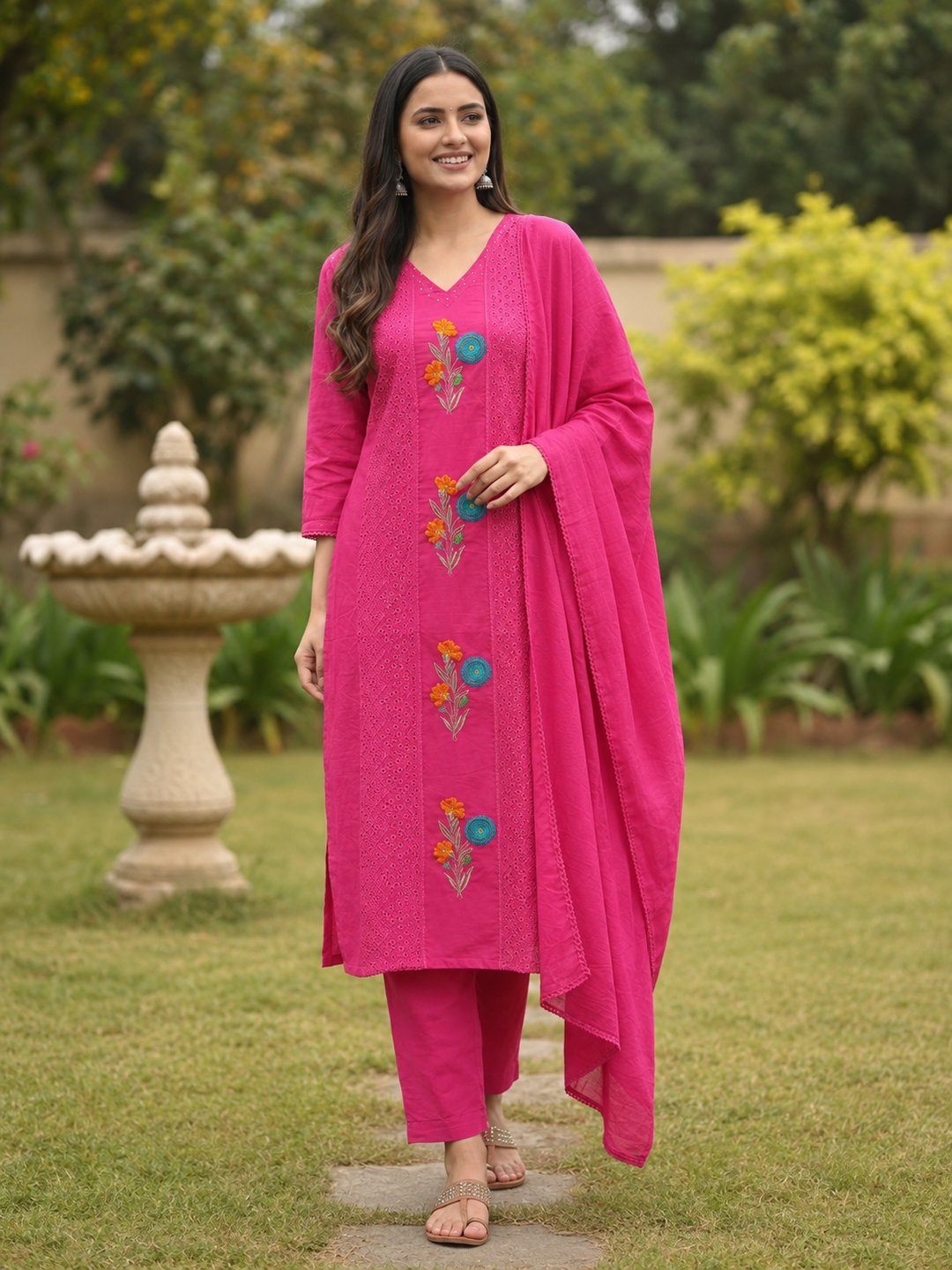 Magenta Cotton Kurta Set with Schiffli Floral Embroidery, Pant & Dupatta