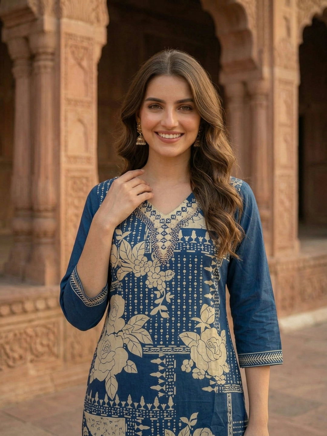 Royal Blue Floral Cotton Kurta Set with Mirror Work, Palazzo & Printed Dupatta