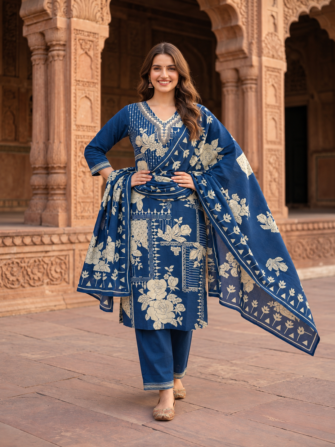 Royal Blue Floral Cotton Kurta Set with Mirror Work, Palazzo & Printed Dupatta