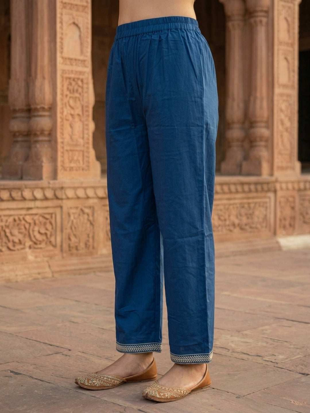 Royal Blue Floral Cotton Kurta Set with Mirror Work, Palazzo & Printed Dupatta