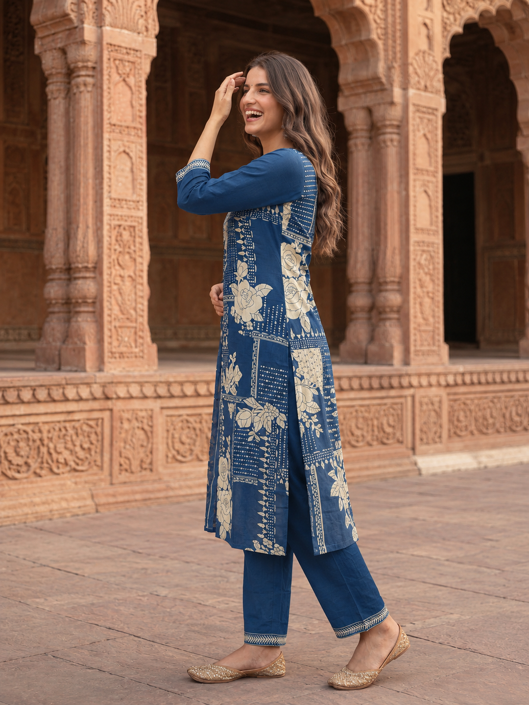 Royal Blue Floral Cotton Kurta Set with Mirror Work, Palazzo & Printed Dupatta