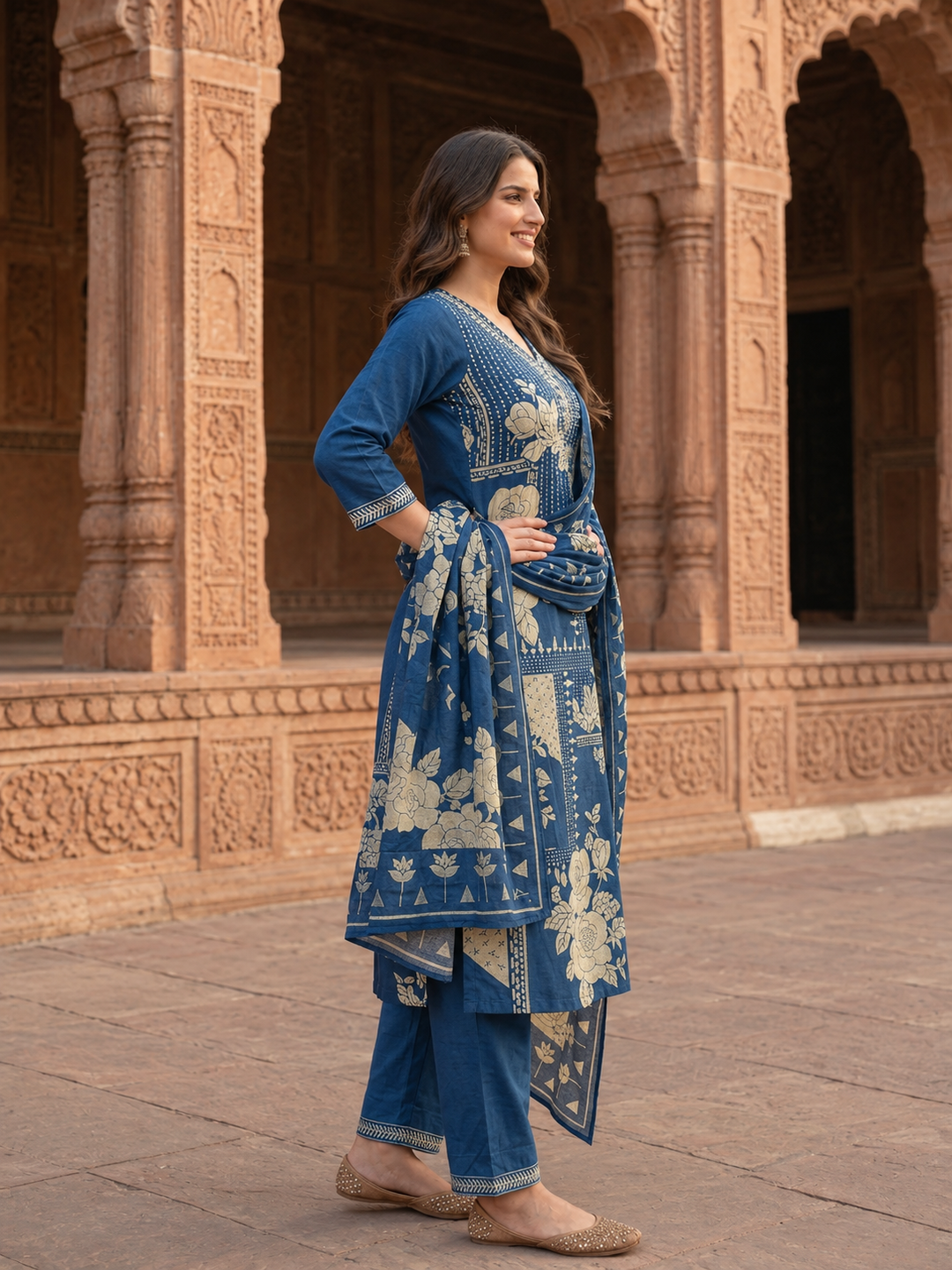 Royal Blue Floral Cotton Kurta Set with Mirror Work, Palazzo & Printed Dupatta