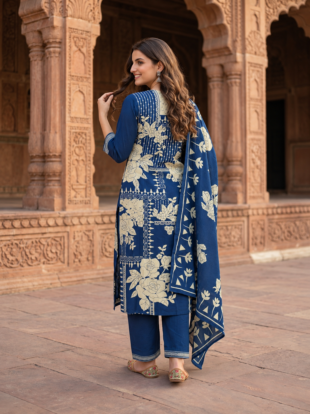 Royal Blue Floral Cotton Kurta Set with Mirror Work, Palazzo & Printed Dupatta