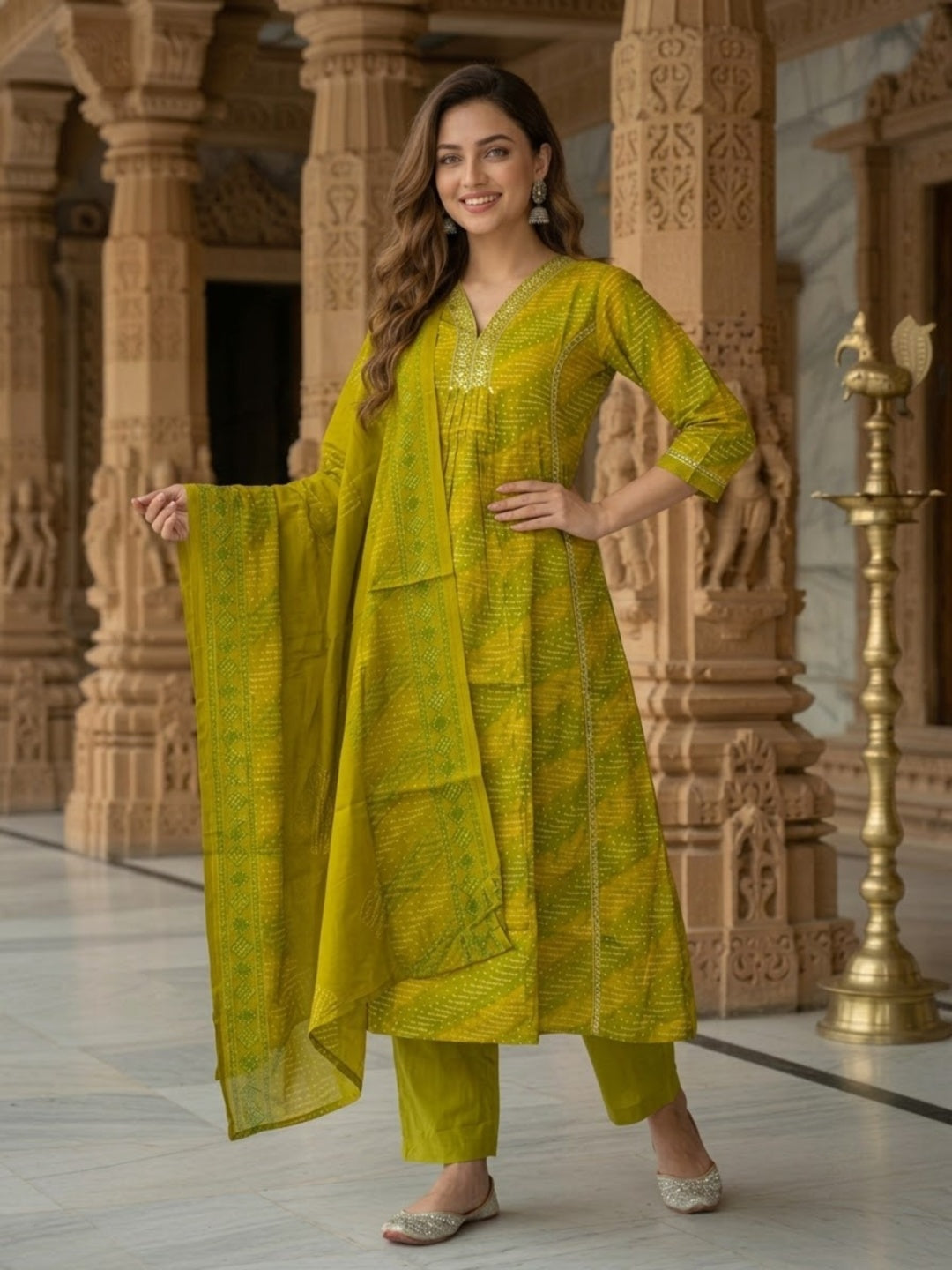 Lime Green Bandhani Muslin Silk Kurta Set with Mirror Work, Pant & Dupatta
