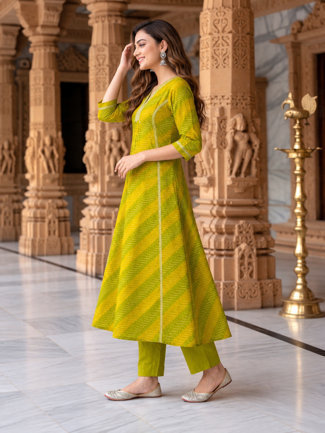 Lime Green Bandhani Muslin Silk Kurta Set with Mirror Work, Pant & Dupatta