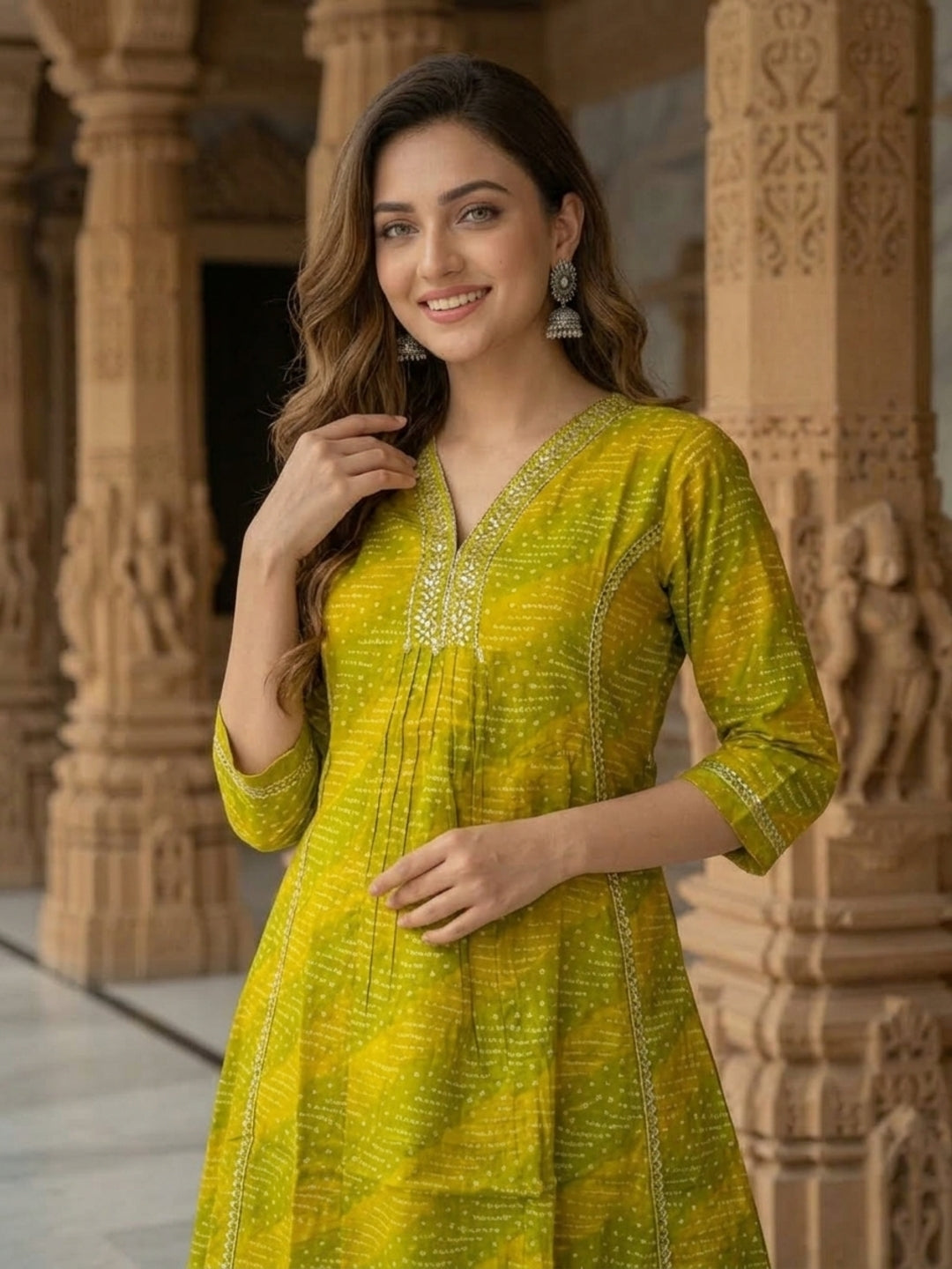 Lime Green Bandhani Muslin Silk Kurta Set with Mirror Work, Pant & Dupatta