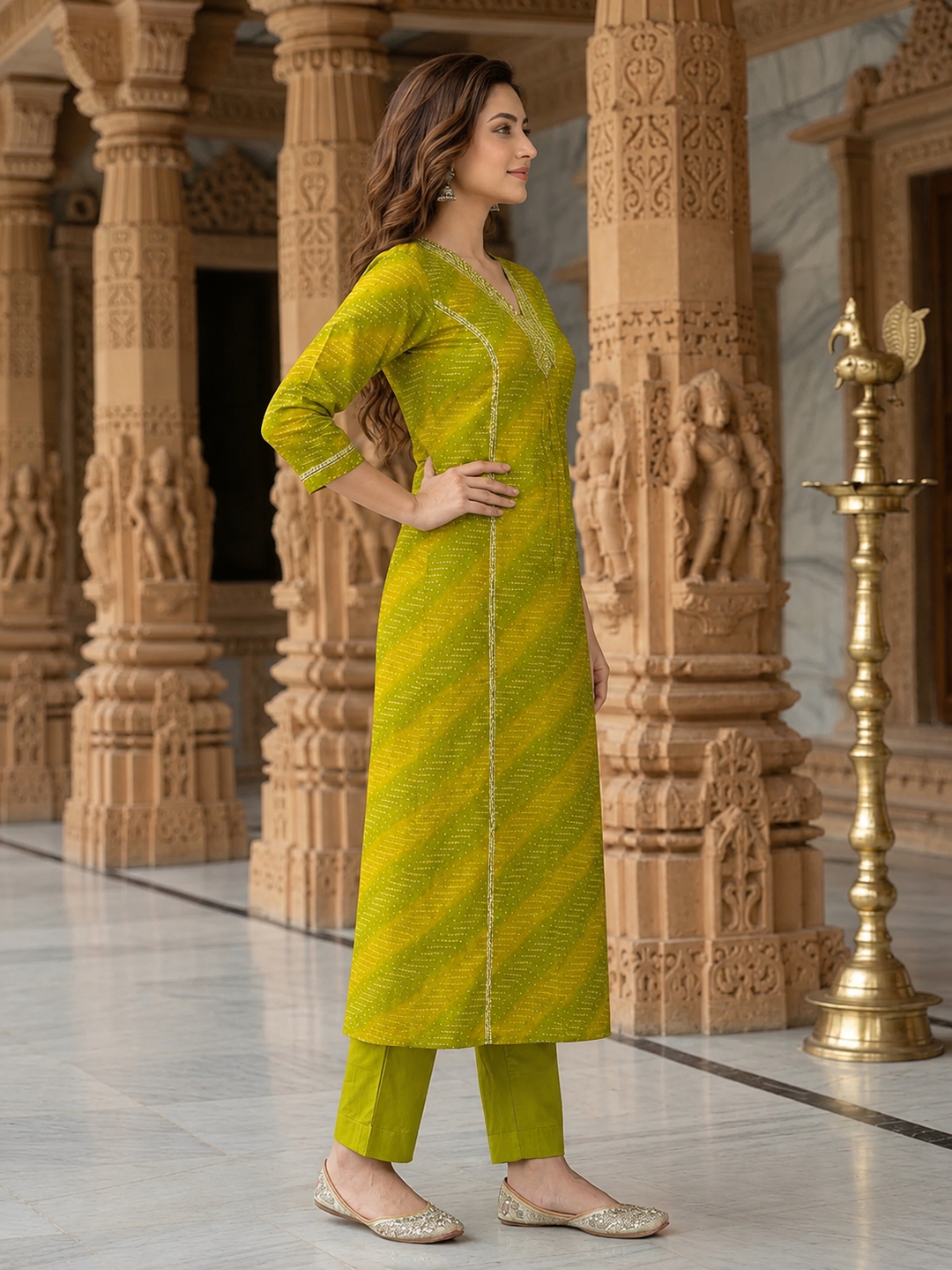 Lime Green Bandhani Muslin Silk Kurta Set with Mirror Work, Pant & Dupatta