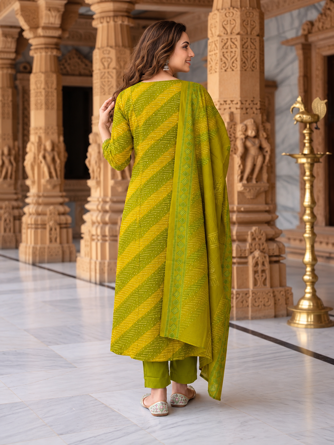 Lime Green Bandhani Muslin Silk Kurta Set with Mirror Work, Pant & Dupatta