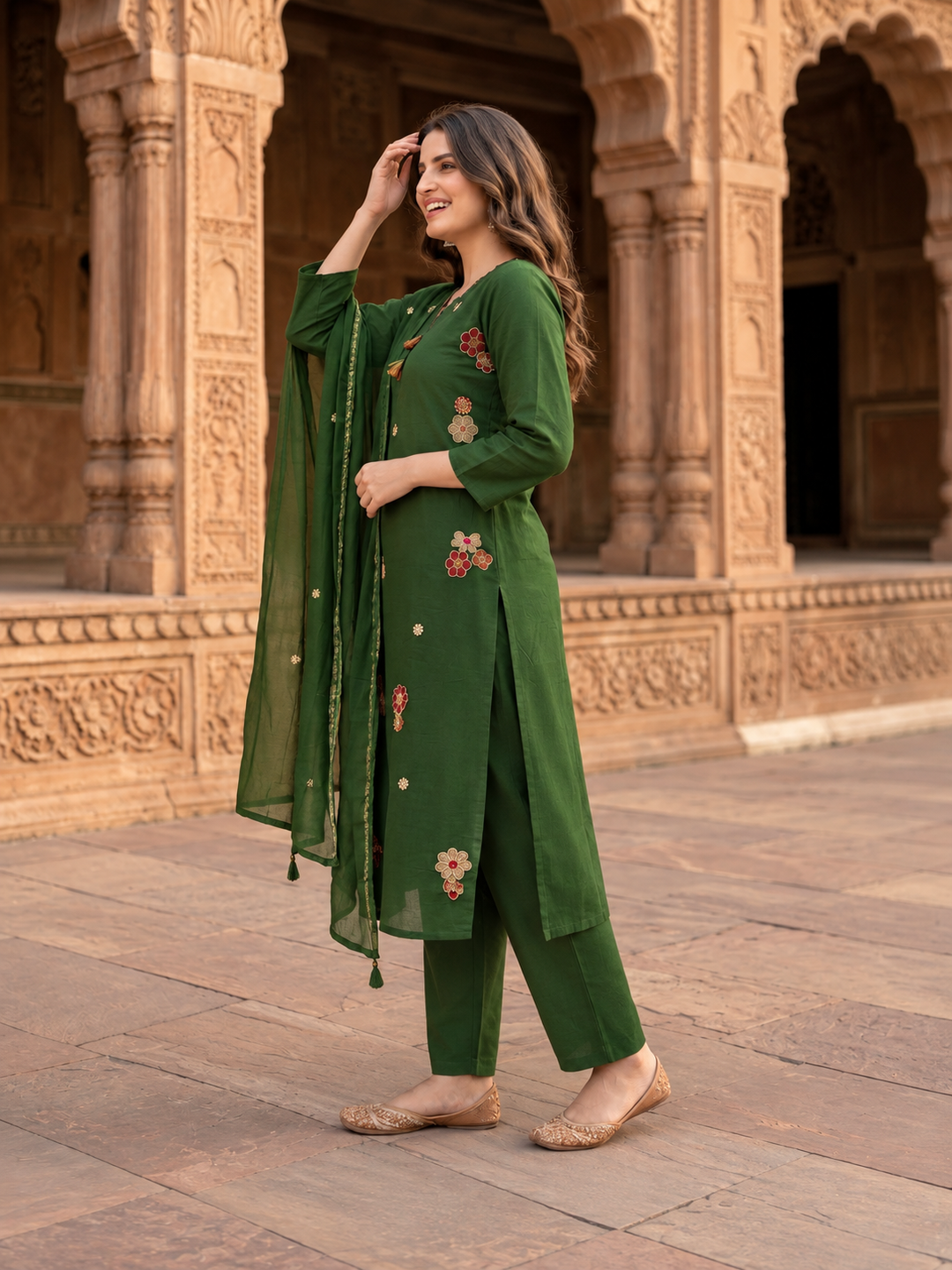 Green Cotton Kurta Set with Floral Embroidery, Pant & Dupatta