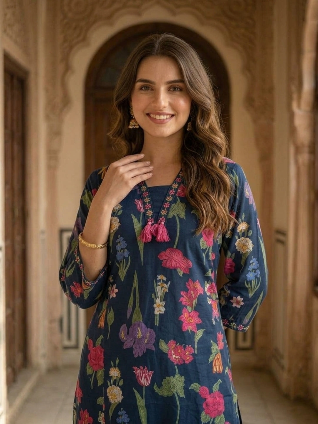 Navy Blue Floral Cotton Kurta Set with Embroidery, Pant & Printed Dupatta