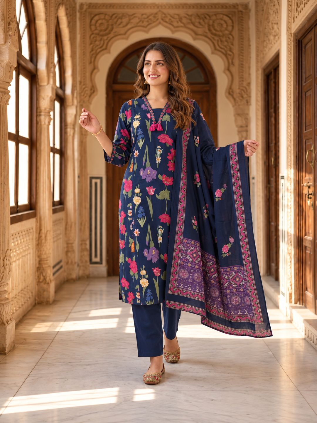 Navy Blue Floral Cotton Kurta Set with Embroidery, Pant & Printed Dupatta