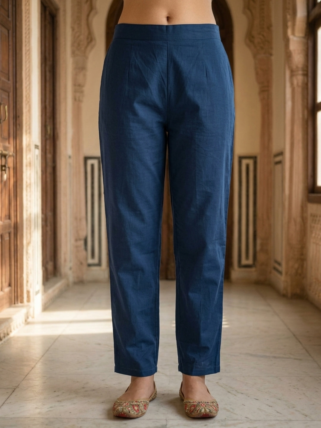 Navy Blue Floral Cotton Kurta Set with Embroidery, Pant & Printed Dupatta